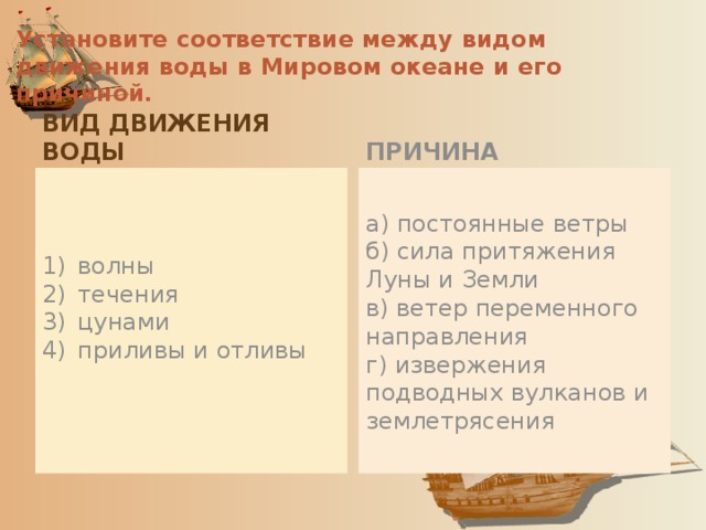 Установите соответствие между видом движения воды в Мировом океане и его причиной. ВИД ДВИЖЕНИЯ ВОДЫ ПРИЧИНА 1)  волны  а) постоянные ветры 2)  течения  б) сила притяжения Луны и Земли 3)  цунами  в) ветер переменного направления 4)  приливы и отливы г) извержения подводных вулканов и землетрясения 