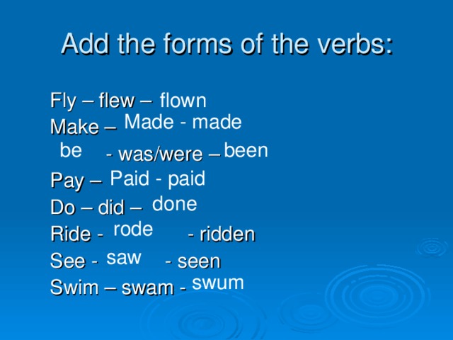 Add the forms of the verbs: Fly – flew – Make –  - was/were – Pay – Do – did – Ride - - ridden See - - seen Swim – swam - flown Made - made be been Paid - paid done rode saw swum 