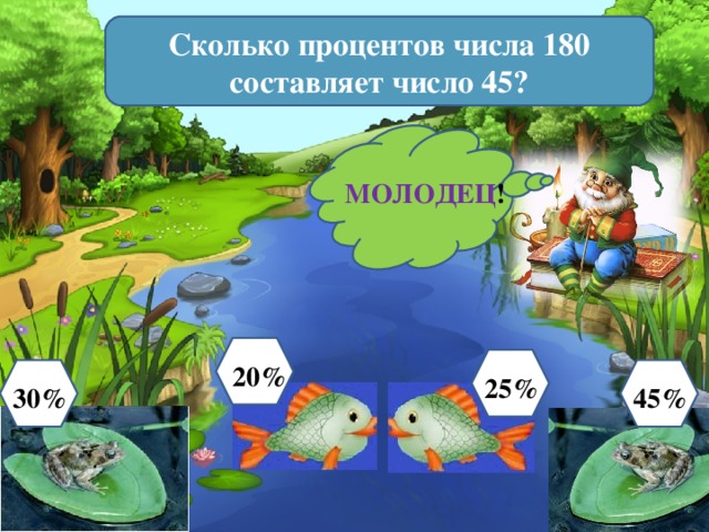 Сколько процентов числа 180 составляет число 45? МОЛОДЕЦ ! 20% 25% 30% 45% 3 