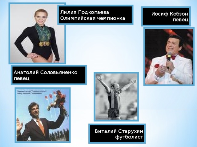 Лилия Подкопаева Олимпийская чемпионка Иосиф Кобзон певец Анатолий Соловьяненко певец Виталий Старухин футболист 