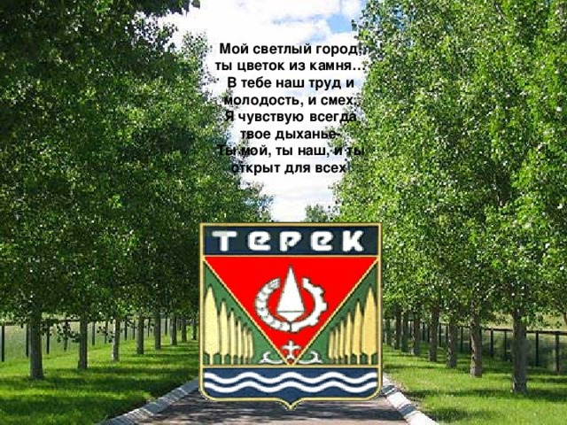 Мой светлый город, ты цветок из камня… В тебе наш труд и молодость, и смех. Я чувствую всегда твое дыханье- Ты мой, ты наш, и ты открыт для всех ! 