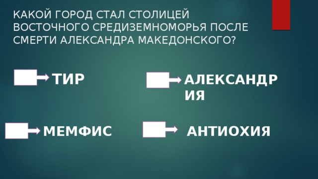 КАКОЙ ГОРОД СТАЛ СТОЛИЦЕЙ ВОСТОЧНОГО СРЕДИЗЕМНОМОРЬЯ ПОСЛЕ СМЕРТИ АЛЕКСАНДРА МАКЕДОНСКОГО? ТИР АЛЕКСАНДРИЯ МЕМФИС АНТИОХИЯ 