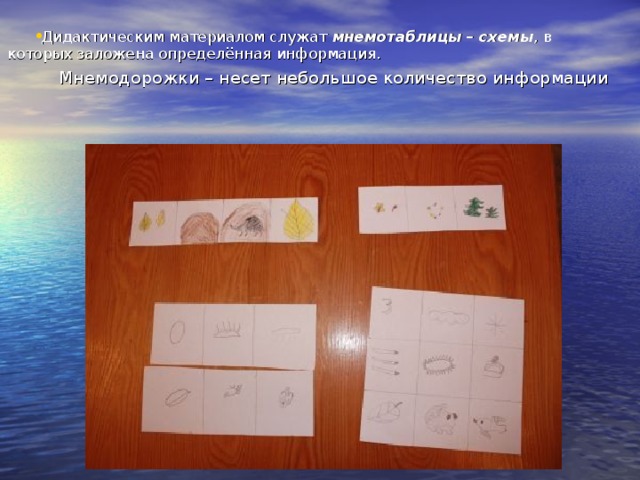 Дидактическим материалом служат мнемотаблицы – схемы , в которых заложена определённая информация. Мнемодорожки – несет небольшое количество информации Мнемодорожки – несет небольшое количество информации 