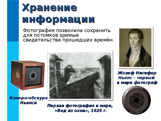 Хранение информации Фотография позволила сохранить для потомков зримые свидетельства прошедших времён. Жозеф Нисефор Ньепс – первый  в мире фотограф  Камера-обскура  Ньепса Первая фотография в мире,  «Вид из окна», 1826 г. 