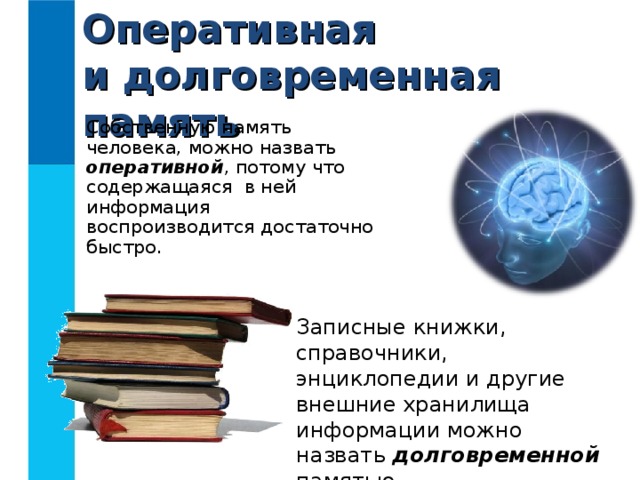 Оперативная  и долговременная память Собственную память человека, можно назвать оперативной , потому что содержащаяся в ней информация воспроизводится достаточно быстро. Записные книжки, справочники, энциклопедии и другие внешние хранилища информации можно назвать долговременной памятью. 
