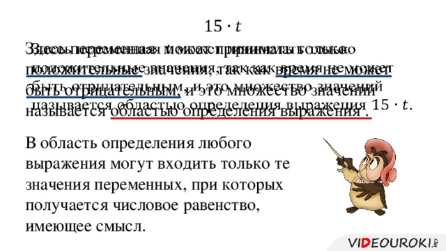   Здесь переменная может принимать только положительные значения, так как время не может быть отрицательным, и это множество значений называется областью определения выражения .   В область определения любого выражения могут входить только те значения переменных, при которых получается числовое равенство, имеющее смысл.