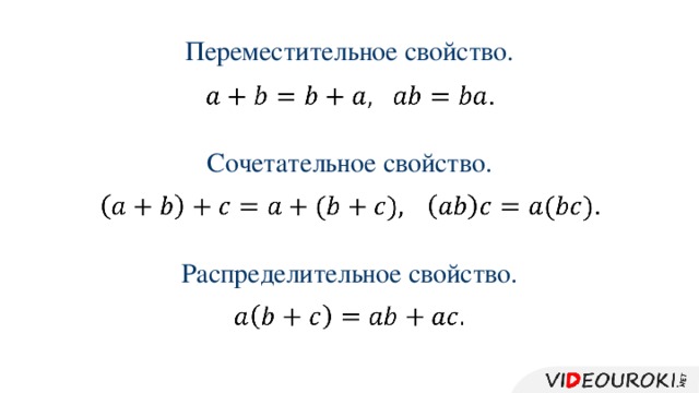 Переместительное свойство.     Сочетательное свойство.     Распределительное свойство.  