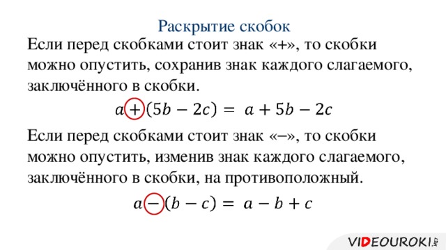 Раскрытие скобок Если перед скобками стоит знак «+», то скобки можно опустить, сохранив знак каждого слагаемого, заключённого в скобки.     Если перед скобками стоит знак «  », то скобки можно опустить, изменив знак каждого слагаемого, заключённого в скобки, на противоположный.    