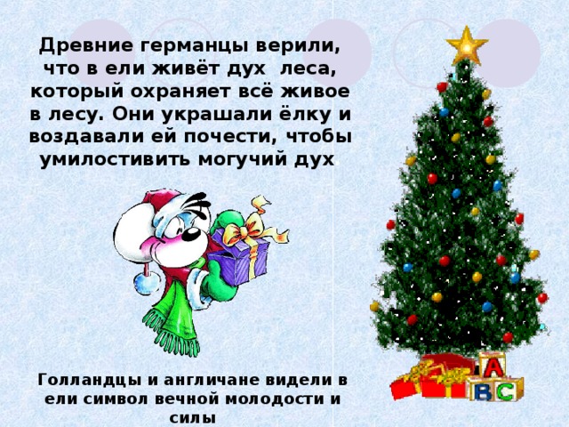 Древние германцы верили, что в ели живёт дух леса, который охраняет всё живое в лесу. Они украшали ёлку и воздавали ей почести, чтобы умилостивить могучий дух . Голландцы и англичане видели в ели символ вечной молодости и силы 