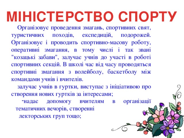 Організовує проведення змагань, спортивних свят, туристичних походів, експедицій, подорожей. Організовує і проводить спортивно-масову роботу, оперативні змагання, в тому числі і так звані 