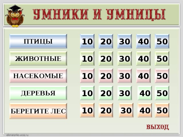 10 30 40 50 ПТИЦЫ 20 10 20 30 40 50 животные насекомые 10 50 40 30 20 деревья 20 50 40 30 10 20 30 40 50 10 Берегите лес  