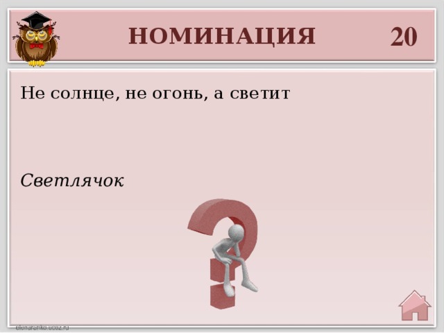 20 НОМИНАЦИЯ Не солнце, не огонь, а светит Светлячок 