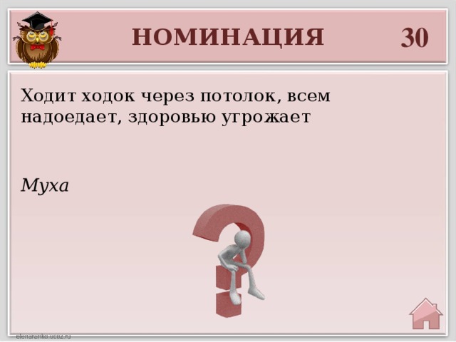 30 НОМИНАЦИЯ Ходит ходок через потолок, всем надоедает, здоровью угрожает Муха 