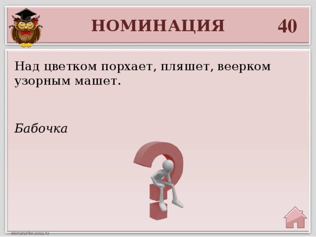 40 НОМИНАЦИЯ Над цветком порхает, пляшет, веерком узорным машет. Бабочка 