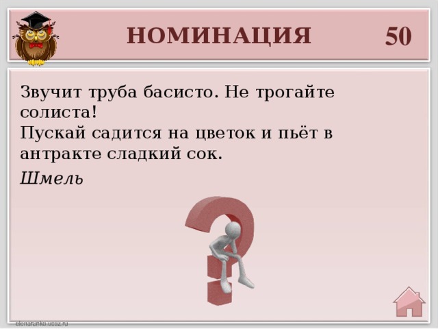 50 НОМИНАЦИЯ Звучит труба басисто. Не трогайте солиста!  Пускай садится на цветок и пьёт в антракте сладкий сок. Шмель 