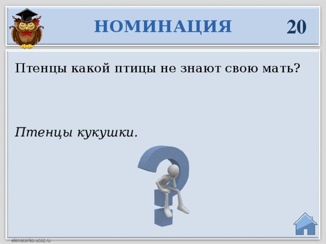 20 НОМИНАЦИЯ Птенцы какой птицы не знают свою мать? Птенцы кукушки.  