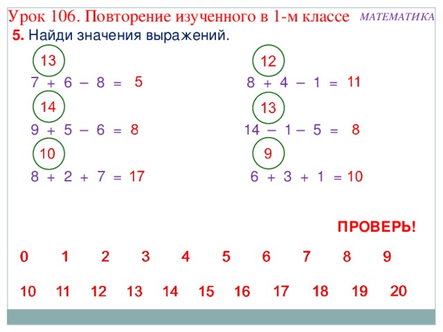 Урок 106. Повторение изученного в 1-м классе МАТЕМАТИКА 5. Найди значения выражений. 8 + 4 – 1 = 7 + 6 – 8 = 9 + 5 – 6 = 14 – 1 – 5 = 8 + 2 + 7 = 6 + 3 + 1 = ПРОВЕРЬ! 