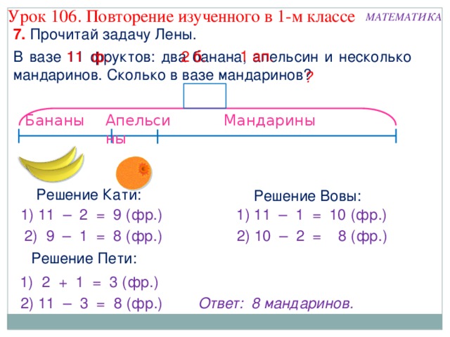 Урок 106. Повторение изученного в 1-м классе МАТЕМАТИКА 7. Прочитай задачу Лены. 1 ап. 11 ф. В вазе 11 фруктов: два банана, апельсин и несколько мандаринов. Сколько в вазе мандаринов? 2 б. ? Бананы Мандарины Апельсины Решение Кати: Решение Вовы: 1) 11 – 2 = 9 (фр.) 1) 11 – 1 = 10 (фр.) 2) 9 – 1 = 8 (фр.) 2) 10 – 2 = 8 (фр.) Решение Пети: 1) 2 + 1 = 3 (фр.) 2) 11 – 3 = 8 (фр.)  Ответ: 8 мандаринов. 