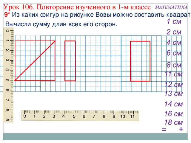 Урок 106. Повторение изученного в 1-м классе МАТЕМАТИКА 9* Из каких фигур на рисунке Вовы можно составить квадрат? Вычисли сумму длин всех его сторон. 