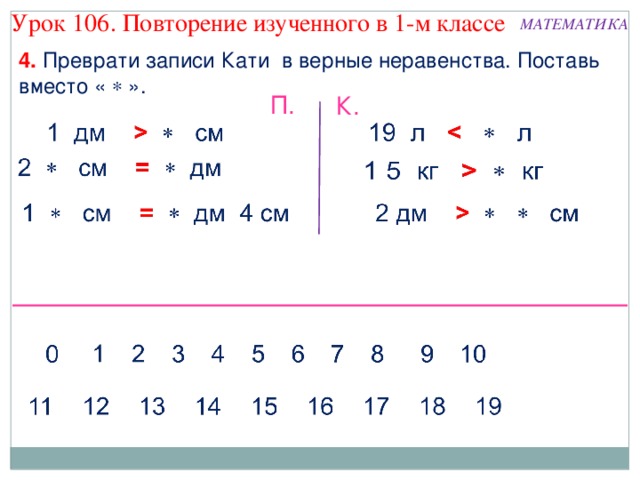 Урок 106. Повторение изученного в 1-м классе МАТЕМАТИКА 4. Преврати записи Кати в верные неравенства. Поставь вместо «  ». П. К.  