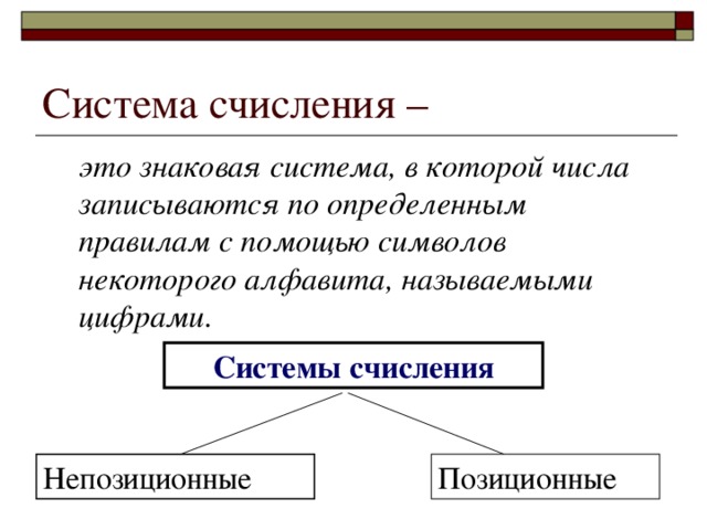 Система счисления –  это знаковая система, в которой числа записываются по определенным правилам с помощью символов некоторого алфавита, называемыми цифрами. Системы счисления Непозиционные Позиционные 