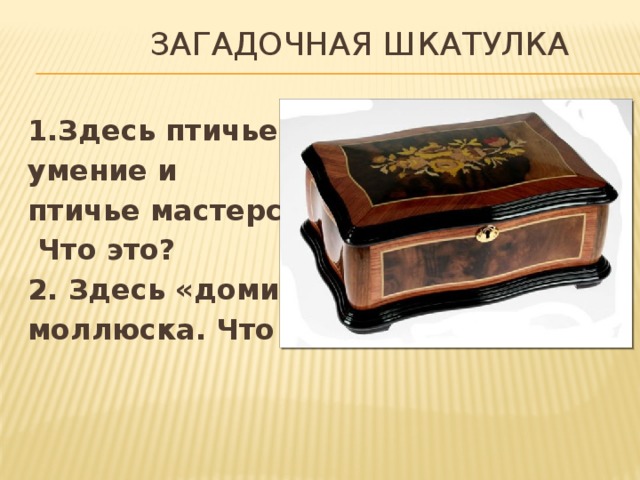  загадочная шкатулка 1.Здесь птичье умение и птичье мастерство.  Что это? 2. Здесь «домик» моллюска. Что это? 
