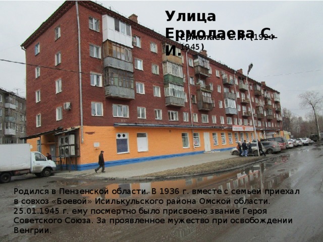 Улица Ермолаева С. И. Ермолаев С.И. ( 1924–1945 ) Родился в Пензенской области. В 1936 г. вместе с семьей приехал в совхоз «Боевой» Исилькульского района Омской области. 25.01.1945 г. ему посмертно было присвоено звание Героя Советского Союза. За проявленное мужество при освобождении Венгрии.