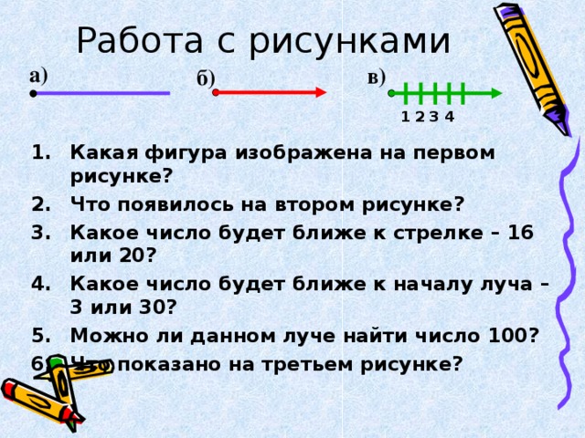 Работа с рисунками а) в) б) 1 4 3 2 Какая фигура изображена на первом рисунке? Что появилось на втором рисунке? Какое число будет ближе к стрелке – 16 или 20? Какое число будет ближе к началу луча – 3 или 30? Можно ли данном луче найти число 100? Что показано на третьем рисунке? 