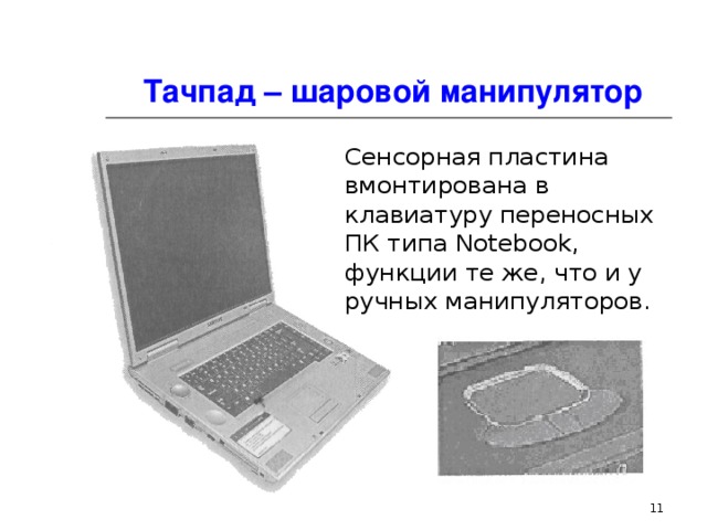 Тачпад – шаровой манипулятор Сенсорная пластина вмонтирована в клавиатуру переносных ПК типа Notebook , функции те же, что и у ручных манипуляторов.  