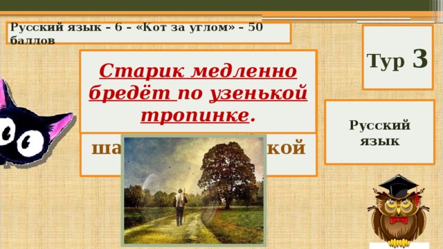 Русский язык – 6 – «Кот за углом» – 50 баллов Тур 3 Старик медленно бредёт по узенькой тропинке . Замените все слова (кроме служебных) антонимами: Юноша бодро шагает по широкой дороге. Русский язык 