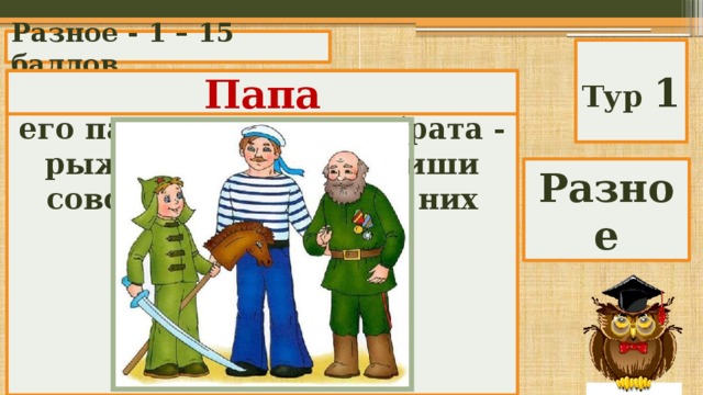 Разное - 1 – 15 баллов Тур 1 У Миши светлые волосы, у его папы - черные, у брата - рыжие, а дедушка Миши совсем седой. Кто из них брюнет? Папа А) Миша; Б) папа; В) брат; Г) дедушка. Разное 