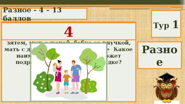 Разное - 4 – 13 баллов Тур 1 В. И. Даль в своем словаре приводит следующую загадку: «Шла теща с зятем, муж с женой, бабка со внучкой, мать с дочкой да дочь с отцом…» Какое наименьшее число людей может подразумеваться в этой загадке? А) 3; Б) 4; В) 5; Г) 8;  Д) 10. 4 Разное 