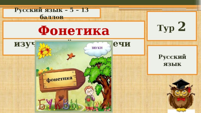 Русский язык – 5 – 13 баллов Тур 2 Раздел науки о языке, изучающий звуки речи Фонетика Русский язык 