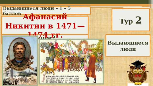 Выдающиеся люди – 1 – 5 баллов Тур 2 Кто совершил путешествие за три моря? Афанасий Никитин в 1471—1474 гг. Выдающиеся люди 