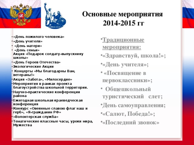 Основные мероприятия  2014-2015 гг «День пожилого человека» «День учителя»  «День матери»  «День семьи»  Акция «Подарок солдату-выпускнику школы» «День Героев Отечества» Экологические Акции  Концерты «Мы благодарны Вам, ветераны!» Акция «Забота», «Милосердие» Мероприятия в рамках проекта благоустройства школьной территории. Научно-практические конференции района Ежегодная школьная краеведческая конференция Конкурс «Овеянные славою флаг наш и герб», «Я-гражданин РФ» «Волонтерская служба» Тематические классные часы, уроки мира, Мужества Традиционные мероприятия: «Здравствуй, школа!»; «День учителя»;  «Посвящение в первоклассники»;    Общешкольный туристический слет; День самоуправления; «Салют, Победа!»; «Последний звонок» 