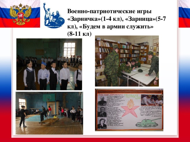 Военно-патриотические игры «Зарничка»(1-4 кл), «Зарница»(5-7 кл), «Будем в армии служить» (8-11 кл) 