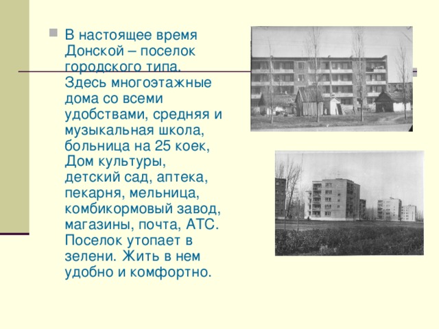 В настоящее время Донской – поселок городского типа. Здесь многоэтажные дома со всеми удобствами, средняя и музыкальная школа, больница на 25 коек, Дом культуры, детский сад, аптека, пекарня, мельница, комбикормовый завод, магазины, почта, АТС. Поселок утопает в зелени. Жить в нем удобно и комфортно. 