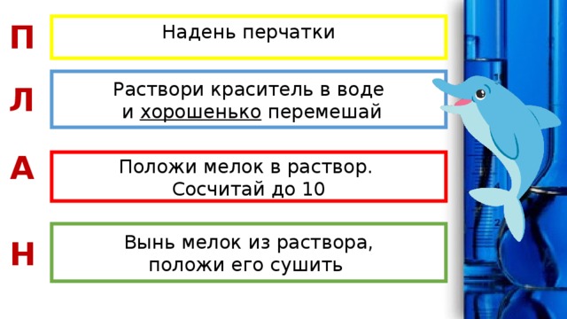 П Надень перчатки Раствори краситель в воде  и хорошенько перемешай Л А Положи мелок в раствор. Сосчитай до 10 Вынь мелок из раствора, положи его сушить Н