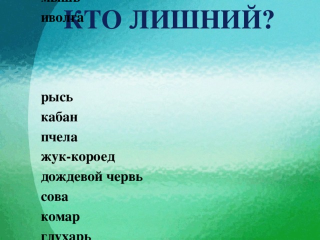  кто лишний? паук крот улитка заяц муравей медведь барсук уж     лиса кукушка лягушка волк бобр гадюка дятел мышь иволга    рысь кабан пчела жук-короед дождевой червь сова комар глухарь 