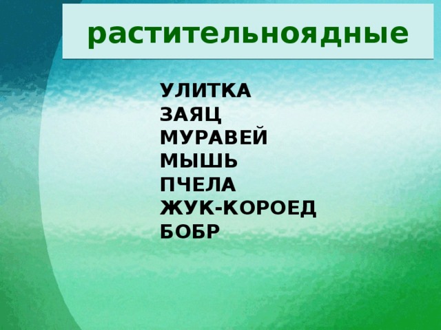 растительноядные улитка заяц  муравей мышь пчела  жук-короед бобр    