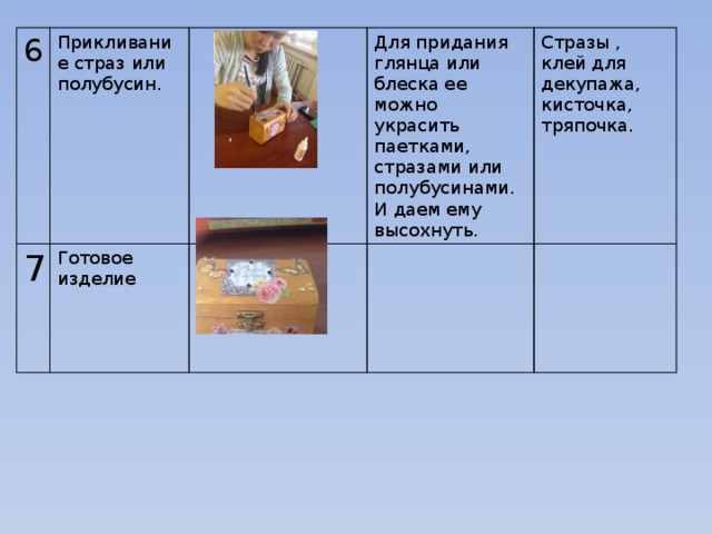 6 Прикливание страз или полубусин. 7 Готовое изделие Для придания глянца или блеска ее можно украсить паетками, стразами или полубусинами. И даем ему высохнуть. Стразы , клей для декупажа, кисточка, тряпочка. 