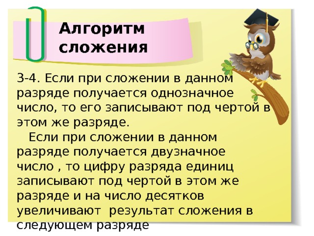 Алгоритм сложения 3-4. Если при сложении в данном разряде получается однозначное число, то его записывают под чертой в этом же разряде.  Если при сложении в данном разряде получается двузначное число , то цифру разряда единиц записывают под чертой в этом же разряде и на число десятков увеличивают результат сложения в следующем разряде 