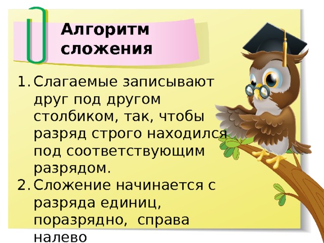 Алгоритм сложения Слагаемые записывают друг под другом столбиком, так, чтобы разряд строго находился под соответствующим разрядом. Сложение начинается с разряда единиц, поразрядно, справа налево 