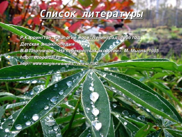 Список литературы  Р.Кэррингтон; Биология моря; Ленинград; 1966 год Детская энциклопедия В.В Плотников. « На перекрестках экологии » . М. : Мысль, 1985 http:// ecoportal.ru/ http:// www.sargis.ru/snews/?news=7592 