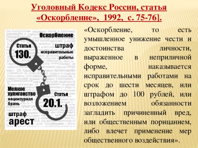 Уголовный Кодекс России, статья «Оскорбление», 1992, с. 75-76]. «Оскорбление, то есть умышленное унижение чести и достоинства личности, выраженное в неприличной форме, наказывается исправительными работами на срок до шести месяцев, или штрафом до 100 рублей, или возложением обязанности загладить причиненный вред, или общественным порицанием, либо влечет применение мер общественного воздействия». 