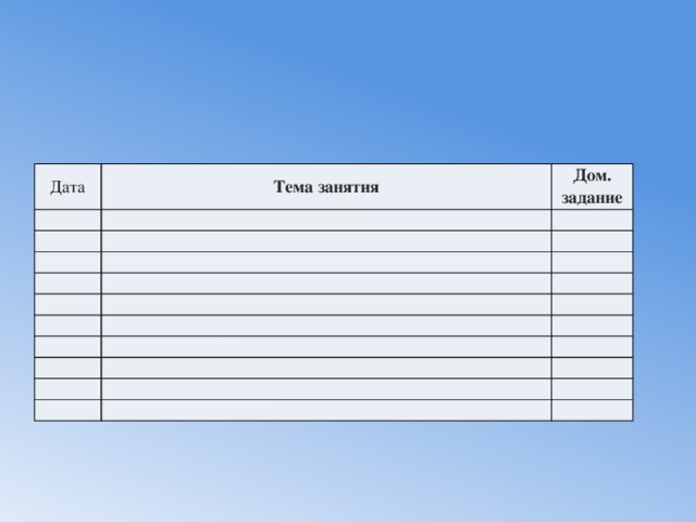 Дата Тема занятия   Дом. задание                                                           