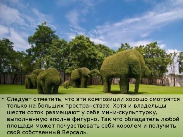 Следует отметить, что эти композиции хорошо смотрятся только на больших пространствах. Хотя и владельцы шести соток размещают у себя мини-скульптурку, выполненную вполне фигурно. Так что обладатель любой площади может почувствовать себя королем и получить свой собственный Версаль. 