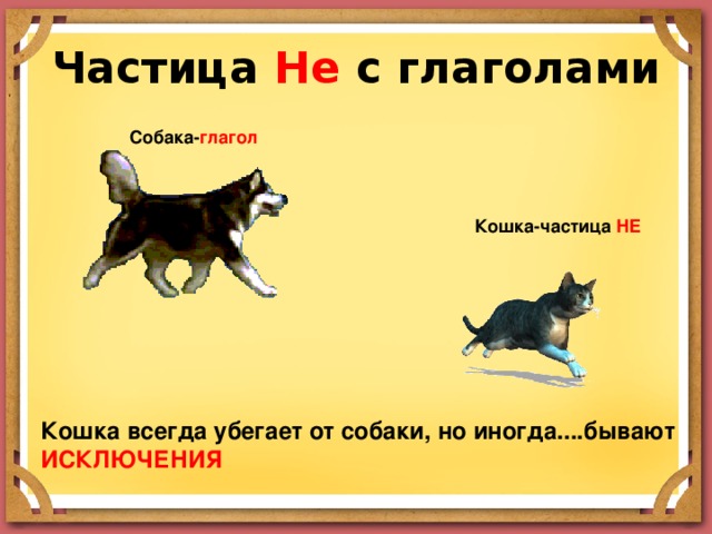 Частица Не с глаголами Собака- глагол Кошка-частица НЕ Кошка всегда убегает от собаки, но иногда....бывают ИСКЛЮЧЕНИЯ 
