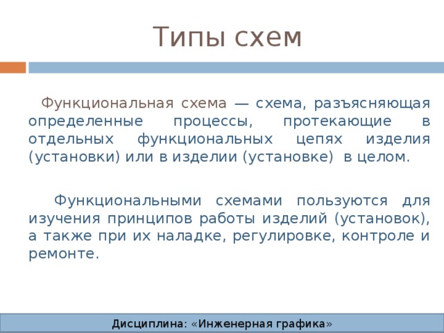 Типы схем  Функциональная схема — схема, разъясняющая определенные процессы, протекающие в отдельных функциональных цепях изделия (установки) или в изделии (установке) в целом.  Функциональными схемами пользуются для изучения принципов работы изделий (установок), а также при их наладке, регулировке, контроле и ремонте. Дисциплина: «Инженерная графика» Дисциплина: «Инженерная графика» Дисциплина: «Инженерная графика» Дисциплина: «Инженерная графика»  