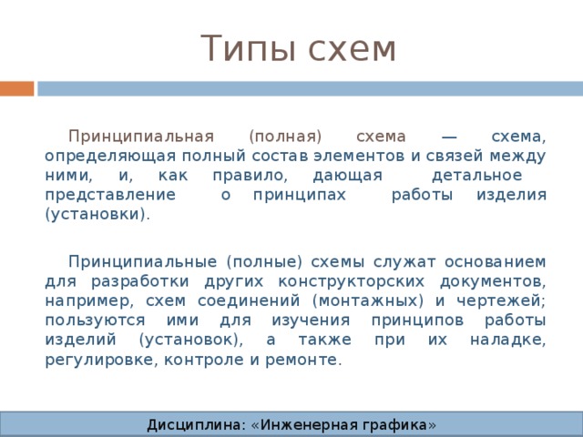 Типы схем Принципиальная (полная) схема — схема, определяющая полный состав элементов и связей между ними, и, как правило, дающая детальное представление о принципах работы изделия (установки). Принципиальные (полные) схемы служат основанием для разработки других конструкторских документов, например, схем соединений (монтажных) и чертежей; пользуются ими для изучения принципов работы изделий (установок), а также при их наладке, регулировке, контроле и ремонте. Дисциплина: «Инженерная графика» Дисциплина: «Инженерная графика» Дисциплина: «Инженерная графика» Дисциплина: «Инженерная графика»  